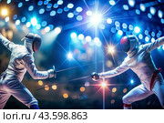 Fencers in the arena with rapiers in their hands during training are fighting a duel. Sports fencing. Fencing is a type of Summer Olympic Games. Стоковое AI-изображение, AI-художник Photojuli / Фотобанк Лори