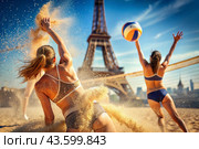 The moment when a volleyball falls on the sand is captured in the concept of summer Olympic sports against the background of a blurred Eiffel Tower. Стоковое AI-изображение, AI-художник Photojuli / Фотобанк Лори