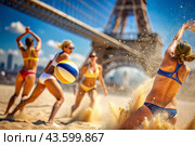 The moment when a volleyball falls on the sand is captured in the concept of summer Olympic sports against the background of a blurred Eiffel Tower. Стоковое AI-изображение, AI-художник Photojuli / Фотобанк Лори