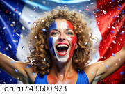 A beautiful athlete or cheerleader from France with joyful shouts after winning the competition at the Olympic Games against the background of the French flag. Стоковое AI-изображение, AI-художник Photojuli / Фотобанк Лори