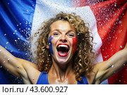 A beautiful athlete or cheerleader from France with joyful shouts after winning the competition at the Olympic Games against the background of the French flag. Стоковое AI-изображение, AI-художник Photojuli / Фотобанк Лори