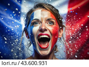 A beautiful athlete or cheerleader from France with joyful shouts after winning the competition at the Olympic Games against the background of the French flag. Стоковое AI-изображение, AI-художник Photojuli / Фотобанк Лори