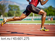 The legs of a black African-American athlete in close-up during a sprint race at a sporting event. The concept of the Summer Olympic Games. Стоковое AI-изображение, AI-художник Photojuli / Фотобанк Лори