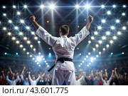 A karate athlete proudly raises his hands in the stadium in the light of spotlights and spotlights after becoming an Olympic champion. Стоковое AI-изображение, AI-художник Photojuli / Фотобанк Лори