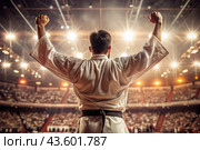 A karate athlete proudly raises his hands in the stadium in the light of spotlights and spotlights after becoming an Olympic champion. Стоковое AI-изображение, AI-художник Photojuli / Фотобанк Лори