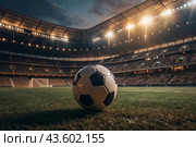 Soccer ball on the green field in soccer stadium. ready for game in the midfield. Стоковое AI-изображение, AI-художник Photojuli / Фотобанк Лори