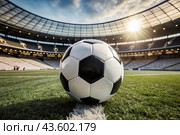 Soccer ball on the green field in soccer stadium. ready for game in the midfield. Стоковое AI-изображение, AI-художник Photojuli / Фотобанк Лори