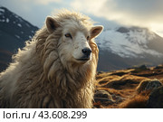 A sheep with thick and fluffy wool standing against the backdrop of a picturesque mountain landscape. In the distance, snow-capped mountain peaks are visible, emphasizing the cold climate of the region. The sheep appears peaceful and calm, perhaps a breed adapted to harsh environments. Стоковое AI-изображение, AI-художник Анна Кривицкая / Фотобанк Лори