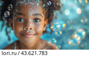 Little Girl With Braids and Bubbles in Her Hair. Стоковое AI-изображение, AI-художник Юлия Гапеенко / Фотобанк Лори