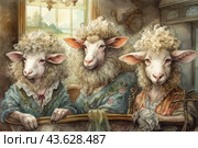 Three sheep with human features, dressed in period costumes. They are sitting at a table, demonstrating serious and thoughtful expressions. The painting is done in the style of watercolor painting with soft, pastel shades. The background includes interior elements with a window through which the landscape is visible. The image combines elements of humor and absurdity, creating a unique and memorable image. Стоковое AI-изображение, AI-художник Анна Кривицкая / Фотобанк Лори
