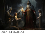A scene reminiscent of a medieval or fantasy kingdom. In the center of the composition is an elderly man in luxurious ceremonial robes, holding a magical artifact with a bright, glowing stone. Next to him are two children dressed in long white robes, symbolizing purity or holiness. The background of the painting is dark, mysterious, perhaps indicating a dungeon or an ancient sanctuary decorated with carved arches and columns. The atmosphere of the image is filled with mysticism and solemnity, creating a sense of an important ritual or ceremony. medieval. Стоковое AI-изображение, AI-художник Анна Кривицкая / Фотобанк Лори