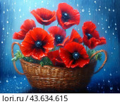 Корзина ярких алых маков под каплями дождя. Натюрморт. Стоковое AI-изображение, AI-художник Сергей Елизарьев / Фотобанк Лори