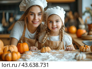 Mother and her daughter having fun at home. Happy Family preparing for Halloween. Mum and child cooking festive fare in the kitchen. Стоковое AI-изображение, AI-художник Ирина Михайличенко / Фотобанк Лори