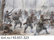 A battle scene in which soldiers in 19th century uniforms are fighting. They are wearing grey overcoats and caps with red trim, and are armed with rifles and bayonets. The battle takes place in a forest surrounded by smoke from gunfire. Some soldiers are attacking, while others are wounded or taking cover. The scene conveys the tension and chaos of combat. Стоковое AI-изображение, AI-художник Анна Кривицкая / Фотобанк Лори