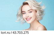 Portrait of a beautiful, sexy, smiling, happy Asian blonde woman with short haircut and perfect skin, light blue background, banner. Стоковое AI-изображение, AI-художник ALLA YURTAYEVA / Фотобанк Лори