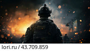 Soldier Standing Amidst Explosions. Стоковое AI-изображение, AI-художник Юлия Гапеенко / Фотобанк Лори