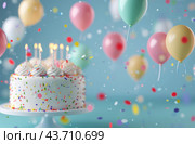 Birthday Cake With Confetti And Balloons. Стоковое AI-изображение, AI-художник Юлия Гапеенко / Фотобанк Лори