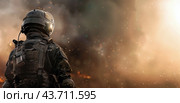 Soldier Standing Amidst Explosions. Стоковое AI-изображение, AI-художник Юлия Гапеенко / Фотобанк Лори