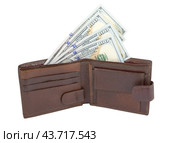 Раскрытый кошелек с американскими долларами на белом фоне. Wallet with dollars isolated on white background. Стоковое фото, фотограф Татьяна Д / Фотобанк Лори