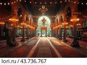 Beautifully Lit Interior of a Historic Mosque With Colorful Carpets in Evening Light. Стоковое AI-изображение, AI-художник Сергей Толмачёв / Фотобанк Лори