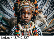 A beautiful black African girl in a traditional African national costume. Against the background of a zebra. The portrait symbolizes the traditions and beauty of the African people. Стоковое AI-изображение, AI-художник Photojuli / Фотобанк Лори