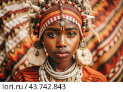 A beautiful black African girl in a traditional African national costume. Against the background of bones. The portrait symbolizes the traditions, culture and beauty of the African people. Стоковое AI-изображение, AI-художник Photojuli / Фотобанк Лори