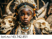 A beautiful black African girl in a traditional African national costume. Against the background of bones. The portrait symbolizes the traditions, culture and beauty of the African people. Стоковое AI-изображение, AI-художник Photojuli / Фотобанк Лори