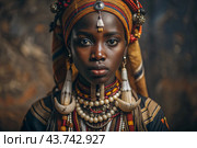 A beautiful black African girl in a traditional African national costume. Against the background of bones. The portrait symbolizes the traditions, culture and beauty of the African people. Стоковое AI-изображение, AI-художник Photojuli / Фотобанк Лори