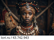 A beautiful black African girl in a traditional African national costume. Against the background of bones. The portrait symbolizes the traditions, culture and beauty of the African people. Стоковое AI-изображение, AI-художник Photojuli / Фотобанк Лори
