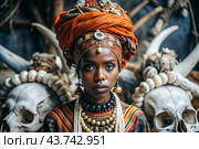 A beautiful black African girl in a traditional African national costume. Against the background of bones. The portrait symbolizes the traditions, culture and beauty of the African people. Стоковое AI-изображение, AI-художник Photojuli / Фотобанк Лори