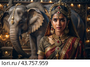 A beautiful Indian girl in a traditional Indian national costume, sari. Against the background of elephants. The portrait symbolizes the traditions, culture and beauty of the people of India. Стоковое AI-изображение, AI-художник Photojuli / Фотобанк Лори