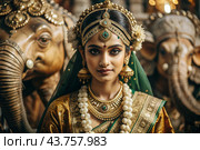 A beautiful Indian girl in a traditional Indian national costume, sari. Against the background of elephants. The portrait symbolizes the traditions, culture and beauty of the people of India. Стоковое AI-изображение, AI-художник Photojuli / Фотобанк Лори