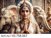 A beautiful Indian girl in a traditional Indian national costume, sari. Against the background of elephants. The portrait symbolizes the traditions, culture and beauty of the people of India. Стоковое AI-изображение, AI-художник Photojuli / Фотобанк Лори