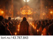 Candlelit Religious Ceremony With Devotees Gathered in a Historic Sanctuary at Dusk. Стоковое AI-изображение, AI-художник Сергей Толмачёв / Фотобанк Лори