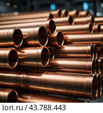 Copper bronze heat exchanger pipes. Heavy non-ferrous metallurgy. Factory industrial production of metal cuprum pipes. Heat exchanger is a technical device in which heat is exchanged between two media. Стоковое AI-изображение, AI-художник Юлия Петровская / Фотобанк Лори