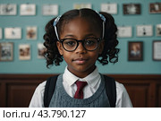 Portrait of a dark-skinned schoolgirl with glasses in the classroom. Back to school, correction of pupil eyesight. AI generated. Стоковое AI-изображение, AI-художник Ольга Симонова / Фотобанк Лори