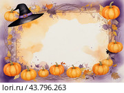 Autumn poster made of pumpkins, hats and Halloween attributes with copy space. Стоковое AI-изображение, AI-художник Мария Мороз / Фотобанк Лори