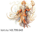 An artistic illustration of a powerful mage or wizard in bright, detailed robes. The mage wears a long robe decorated with intricate patterns and ornaments, done in warm shades of orange, gold and red. On his head is a cap with extravagant decoration of feathers and precious stones. His face expresses confidence and wisdom, and his long white beard adds grandeur to the image.The mage holds a long staff with an elegant top reminiscent of a magical symbol. Around his figure are depicted swirls of magical mist or energy, which emphasizes his supernatural abilities. The overall composition and the use of light, airy colors create an atmosphere of mystery and magic. Стоковое AI-изображение, AI-художник Анна Кривицкая / Фотобанк Лори