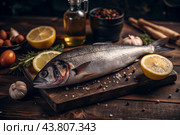 Delicious healthy fish.Raw sea bass with lemon and ingredients on a dark background. Banner, menu, place for recipe text, top view. Стоковое AI-изображение, AI-художник Photojuli / Фотобанк Лори