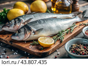Delicious healthy fish.Raw sea bass with lemon and ingredients on a dark background. Banner, menu, place for recipe text, top view. Стоковое AI-изображение, AI-художник Photojuli / Фотобанк Лори