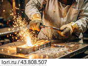 Work at the factory. Working professions. Men's hands in protective gloves with metal. There are sparks around. Hard work that requires high concentration and professionalism. Стоковое AI-изображение, AI-художник Photojuli / Фотобанк Лори