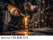 Work at the factory. Working professions. Men's hands in protective gloves with metal. There are sparks around. Hard work that requires high concentration and professionalism. Стоковое AI-изображение, AI-художник Photojuli / Фотобанк Лори