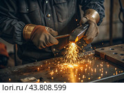 Work at the factory. Working professions. Men's hands in protective gloves with metal. There are sparks around. Hard work that requires high concentration and professionalism. Стоковое AI-изображение, AI-художник Photojuli / Фотобанк Лори