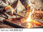 Work at the factory. Working professions. Men's hands in protective gloves with metal. There are sparks around. Hard work that requires high concentration and professionalism. Стоковое AI-изображение, AI-художник Photojuli / Фотобанк Лори