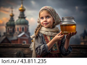 The concept of the Russian Orthodox holiday Honey Savior. A beautiful little girl in Russian national clothes and a scarf with a jar of honey on the background of an Orthodox church. Стоковое AI-изображение, AI-художник Photojuli / Фотобанк Лори
