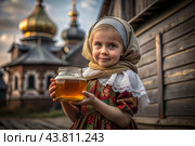 The concept of the Russian Orthodox holiday Honey Savior. A beautiful little girl in Russian national clothes and a scarf with a jar of honey on the background of an Orthodox church. Стоковое AI-изображение, AI-художник Photojuli / Фотобанк Лори