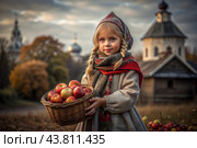 The concept of the Russian Orthodox holiday Yablochny Spas. A beautiful girl in Russian national clothes with a basket of red ripe apples on the background of an Orthodox church. Стоковое AI-изображение, AI-художник Photojuli / Фотобанк Лори