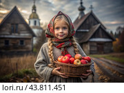 The concept of the Russian Orthodox holiday Yablochny Spas. A beautiful girl in Russian national clothes with a basket of red ripe apples on the background of an Orthodox church. Стоковое AI-изображение, AI-художник Photojuli / Фотобанк Лори