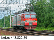 Moscow region, Russia, July 2018: Cargo electric locomotive of the russian railways VL11 on the railroad on a background of green trees (editorial) Редакционное фото, фотограф Михаил Строгалев / Фотобанк Лори