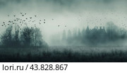 Eerie Misty Landscape With Silhouetted Manor and Flocking Birds at Dusk. Стоковое AI-изображение, AI-художник Юлия Гапеенко / Фотобанк Лори